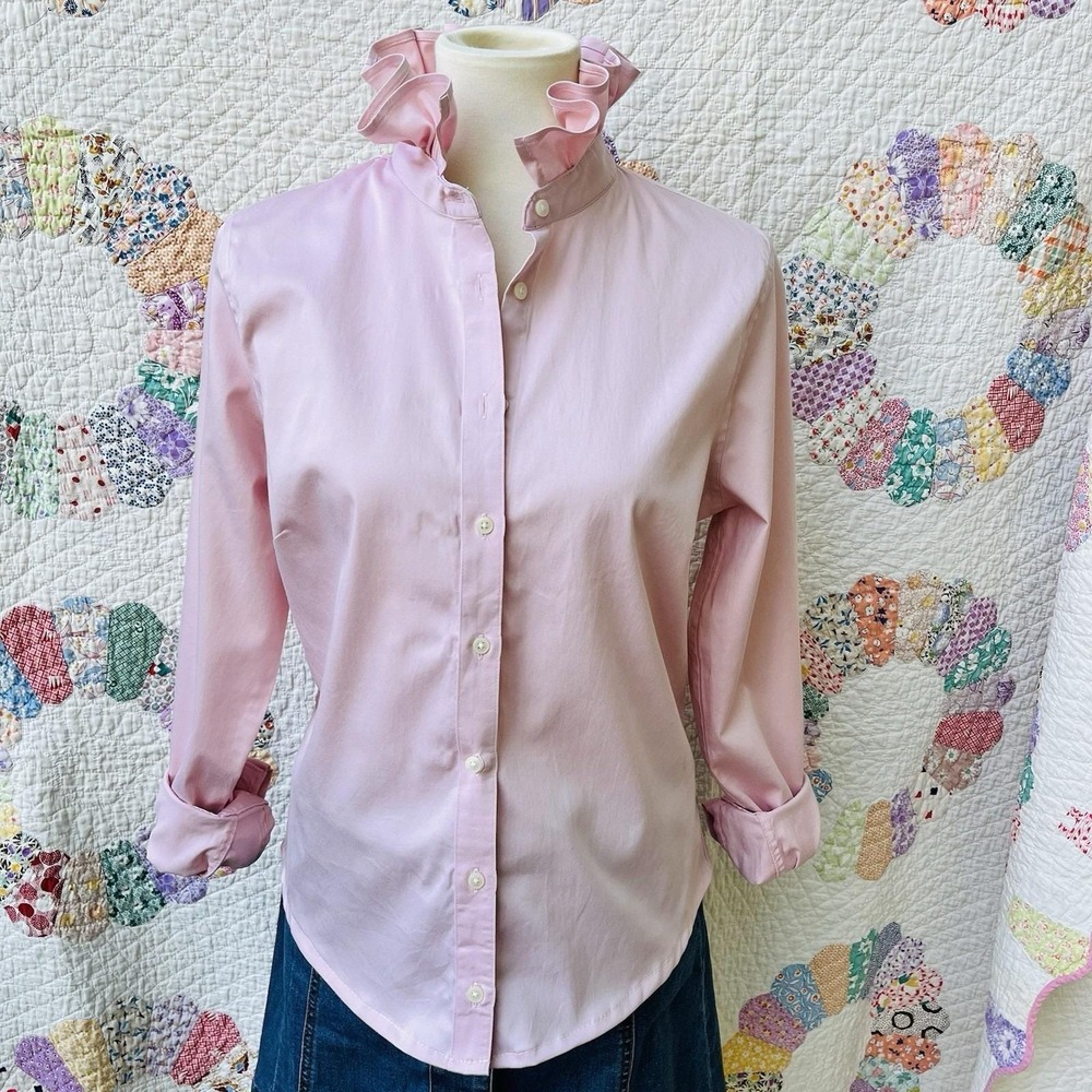 Upcycled Reworked Banana Republic Pink Oxford Long Sleeved Ruffle Collar Shirt M